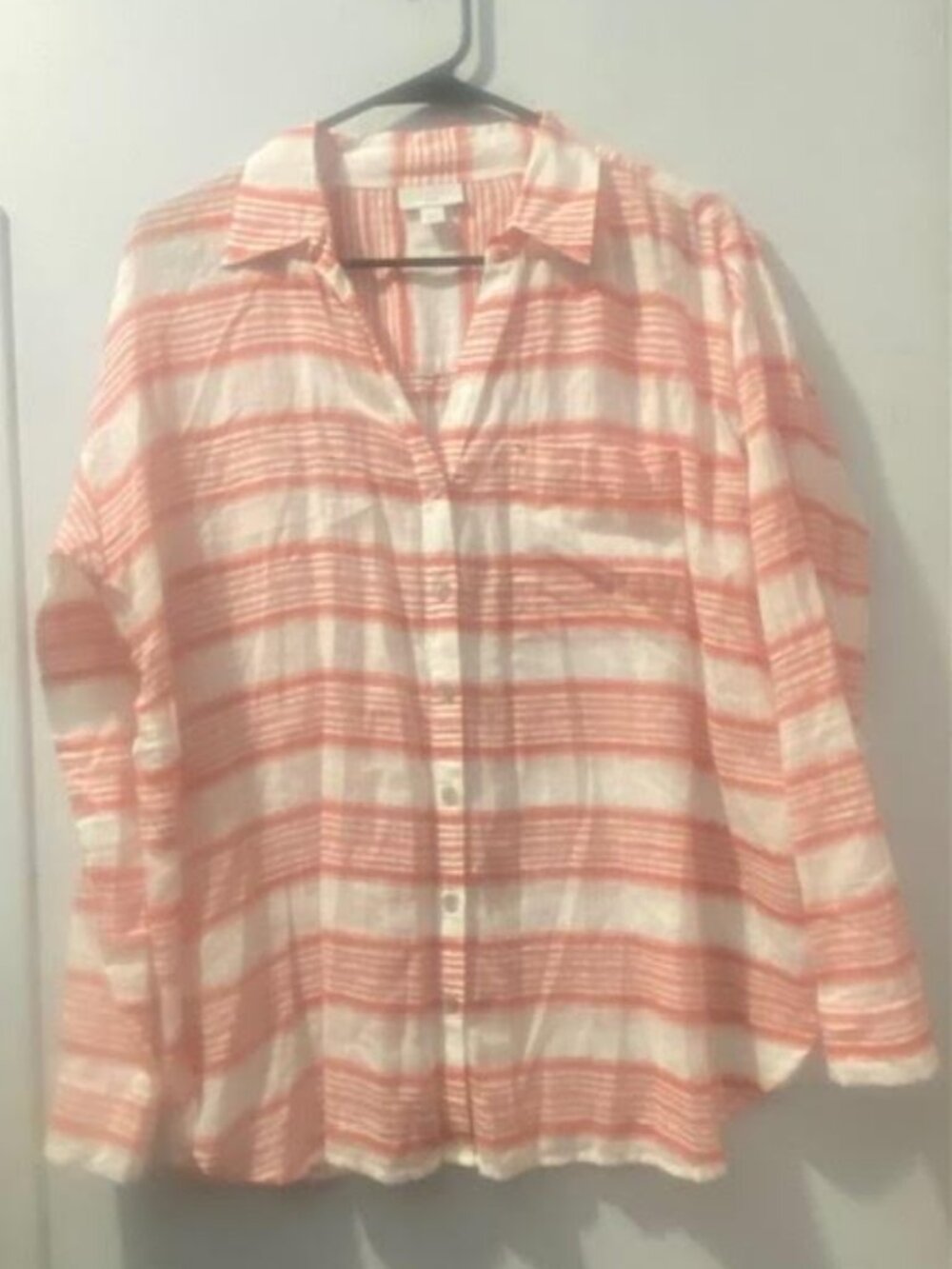 J Jill Womens M Coral White Striped Button Down Shirt 100% Cotton Coastal - Picture 2 of 5